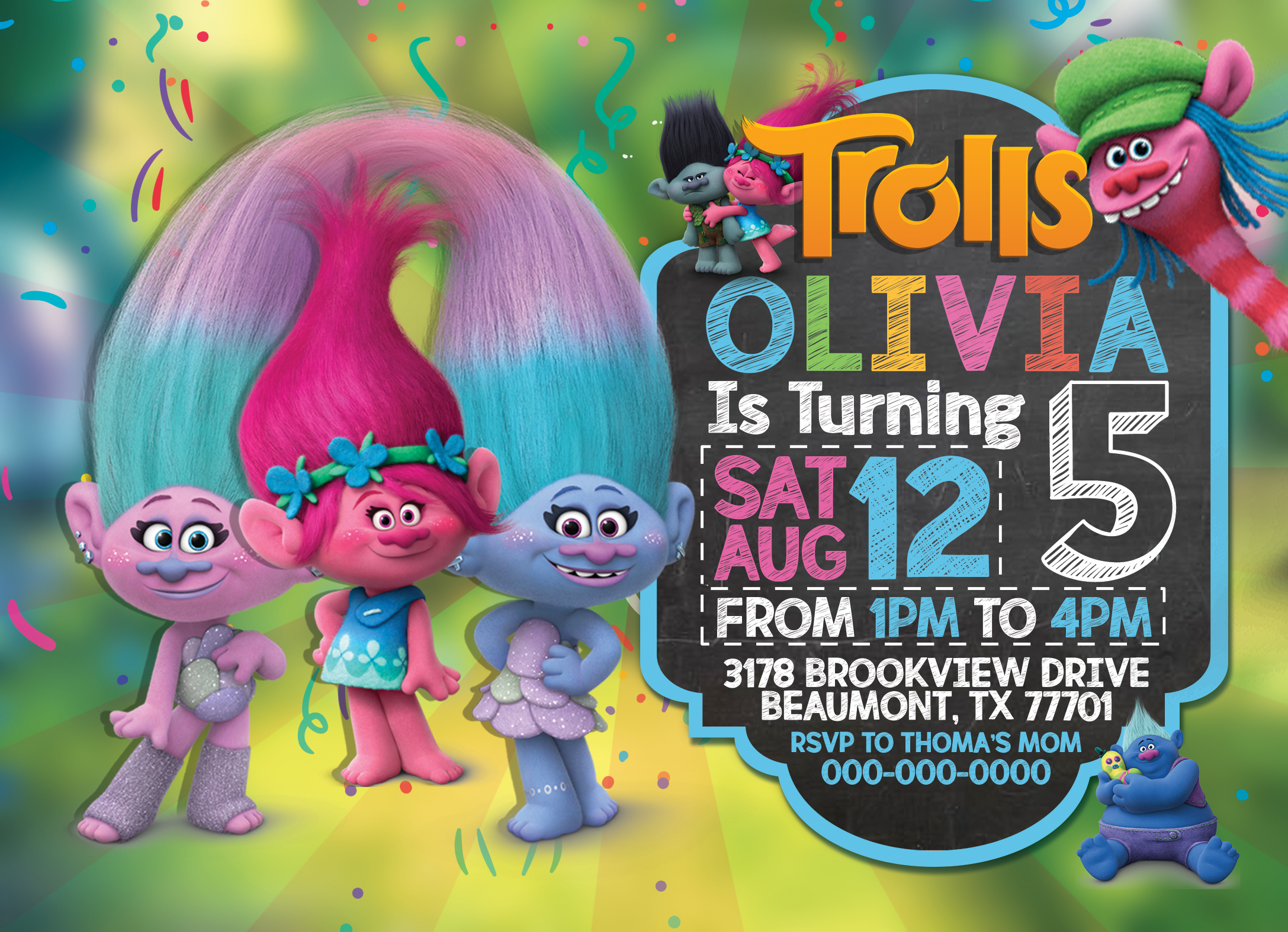 Trolls Birthday Invitation | Editable Template