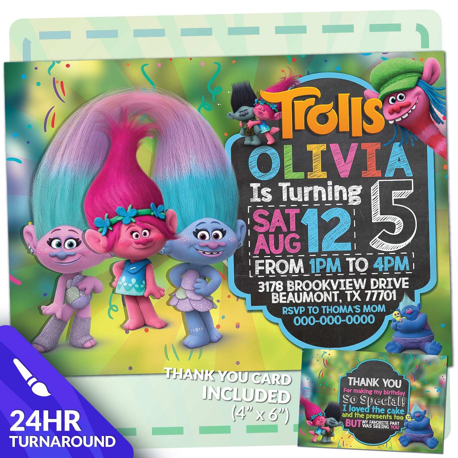 Trolls Birthday Invitation | Editable Template