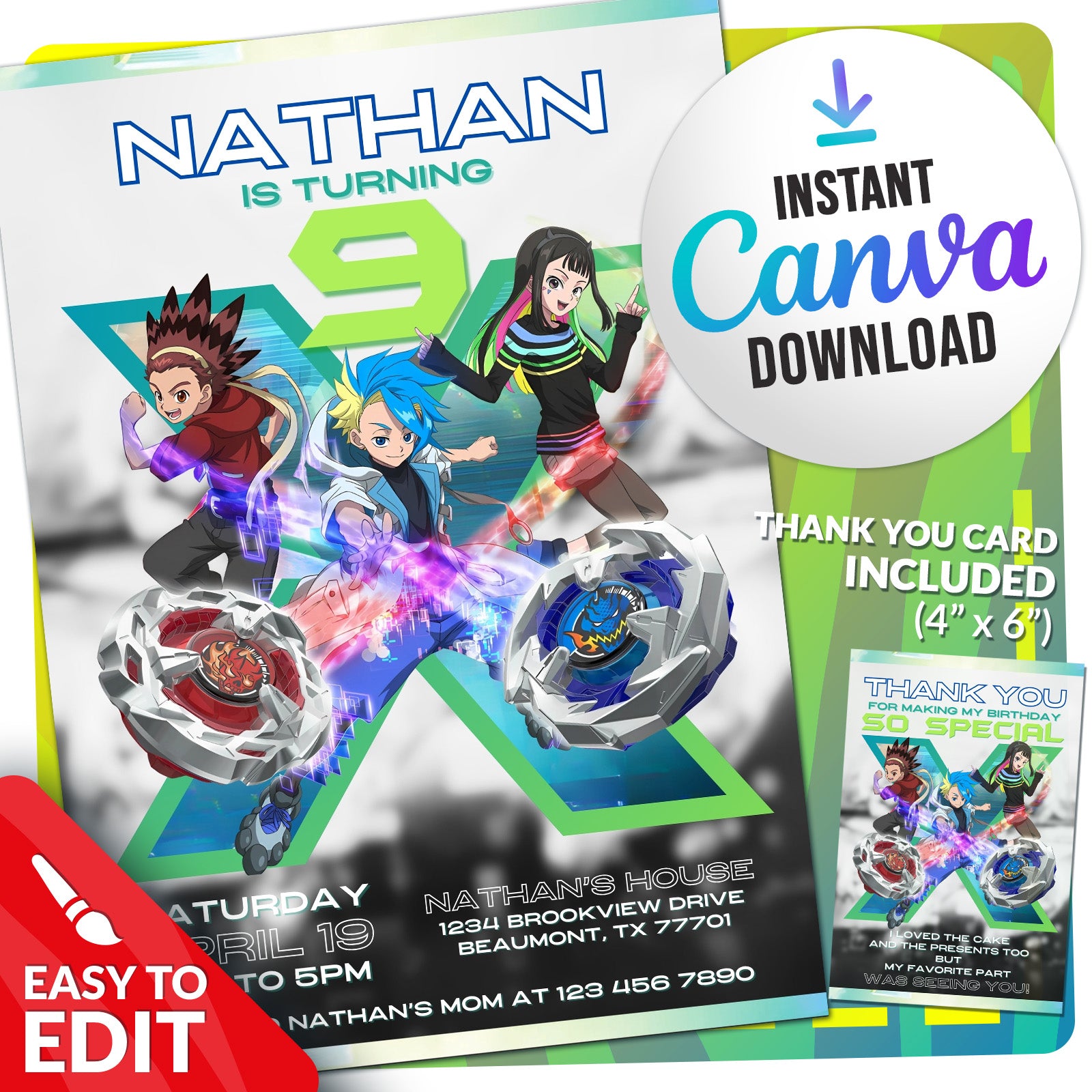 Beyblade X Birthday Invitation | Editable Template
