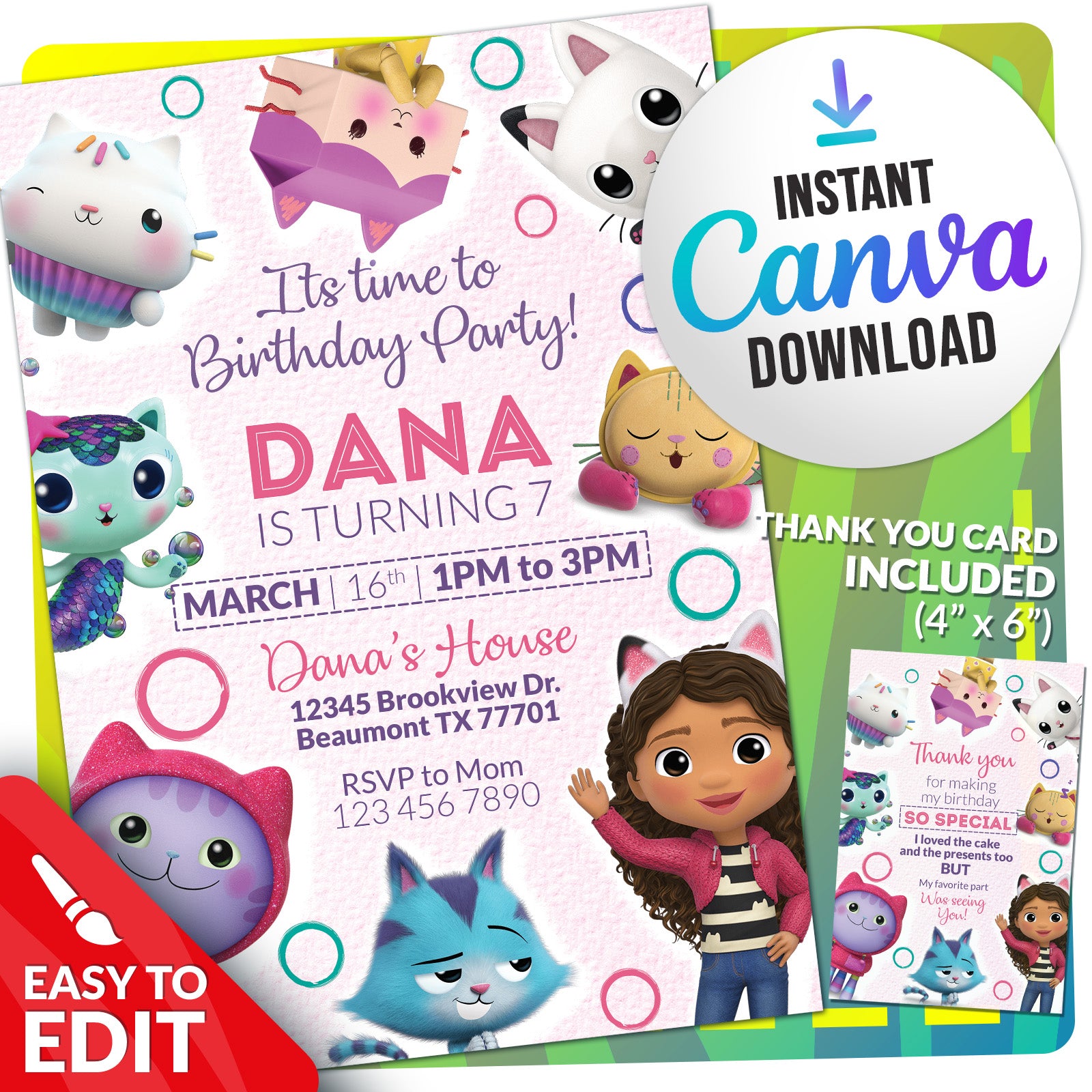 Gabby's Dollhouse Birthday Invitation | Editable Template