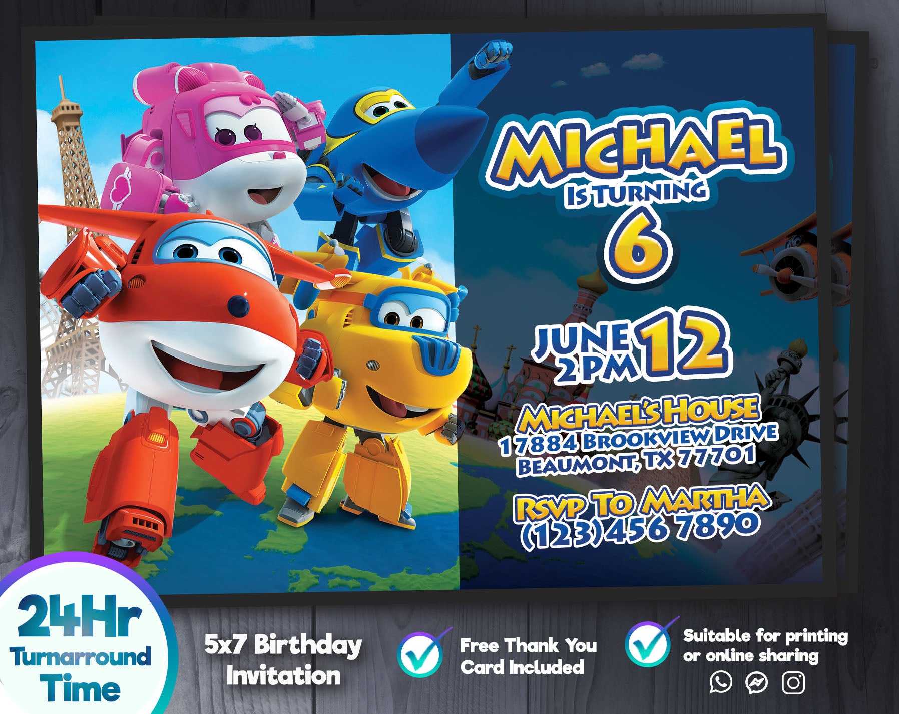SuperWings Birthday Invitation | Editable Template