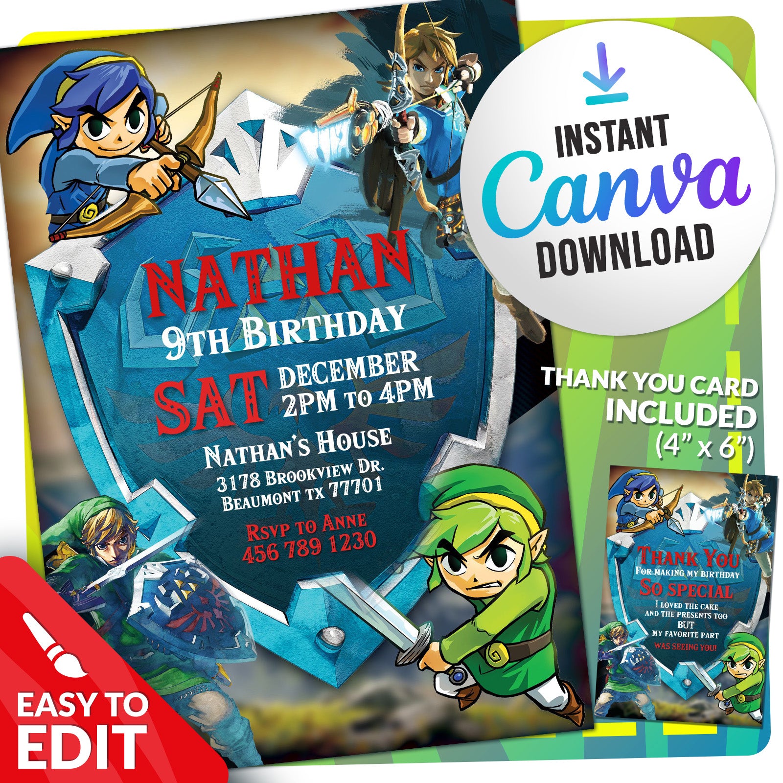 Legend of Zelda Birthday Invitation | Editable Template