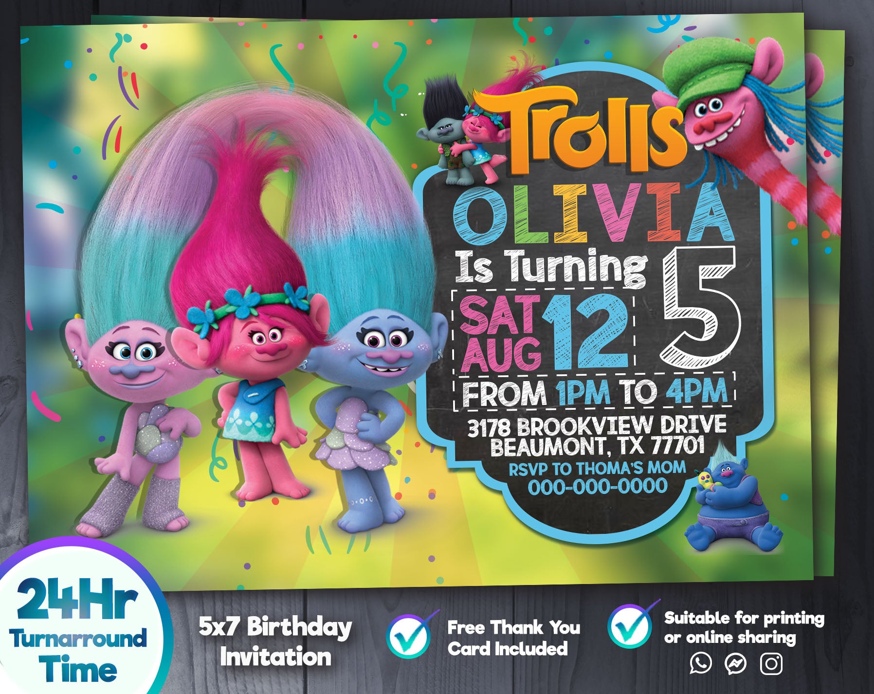 Trolls Birthday Invitation | Editable Template