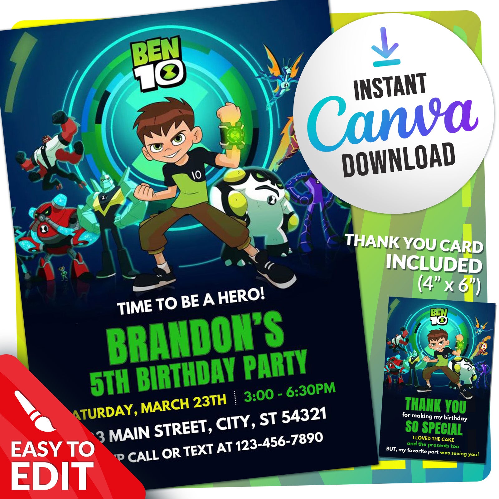 Ben 10 Birthday Invitation | Editable Template