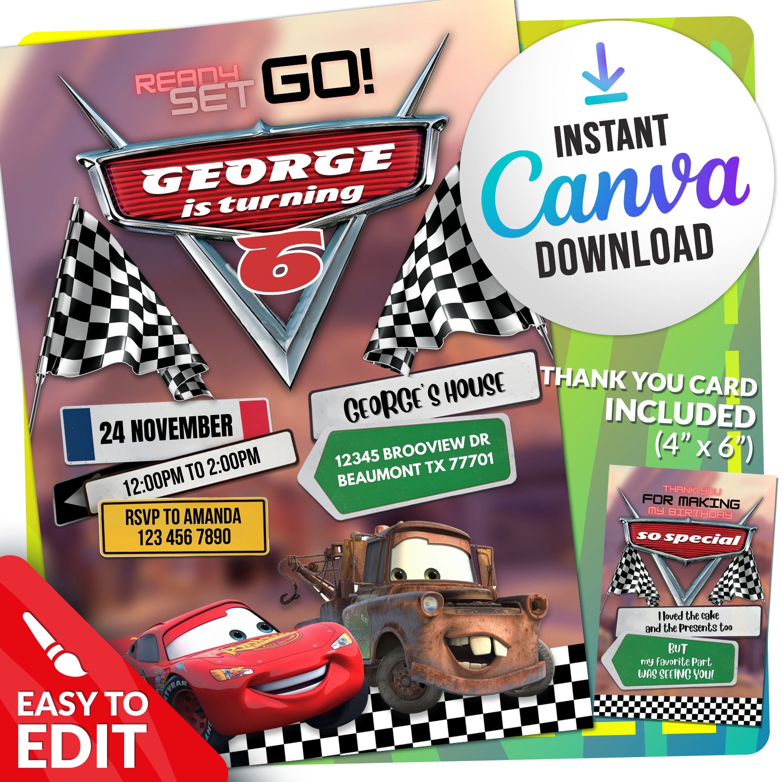 Cars McQueen Birthday Invitation | Editable Canva Template