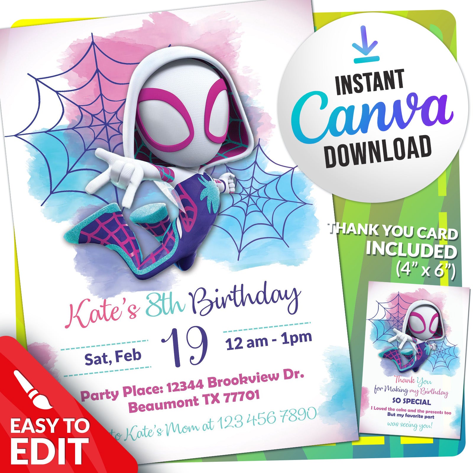 Spider-Gwen Birthday Invitation | Editable Template