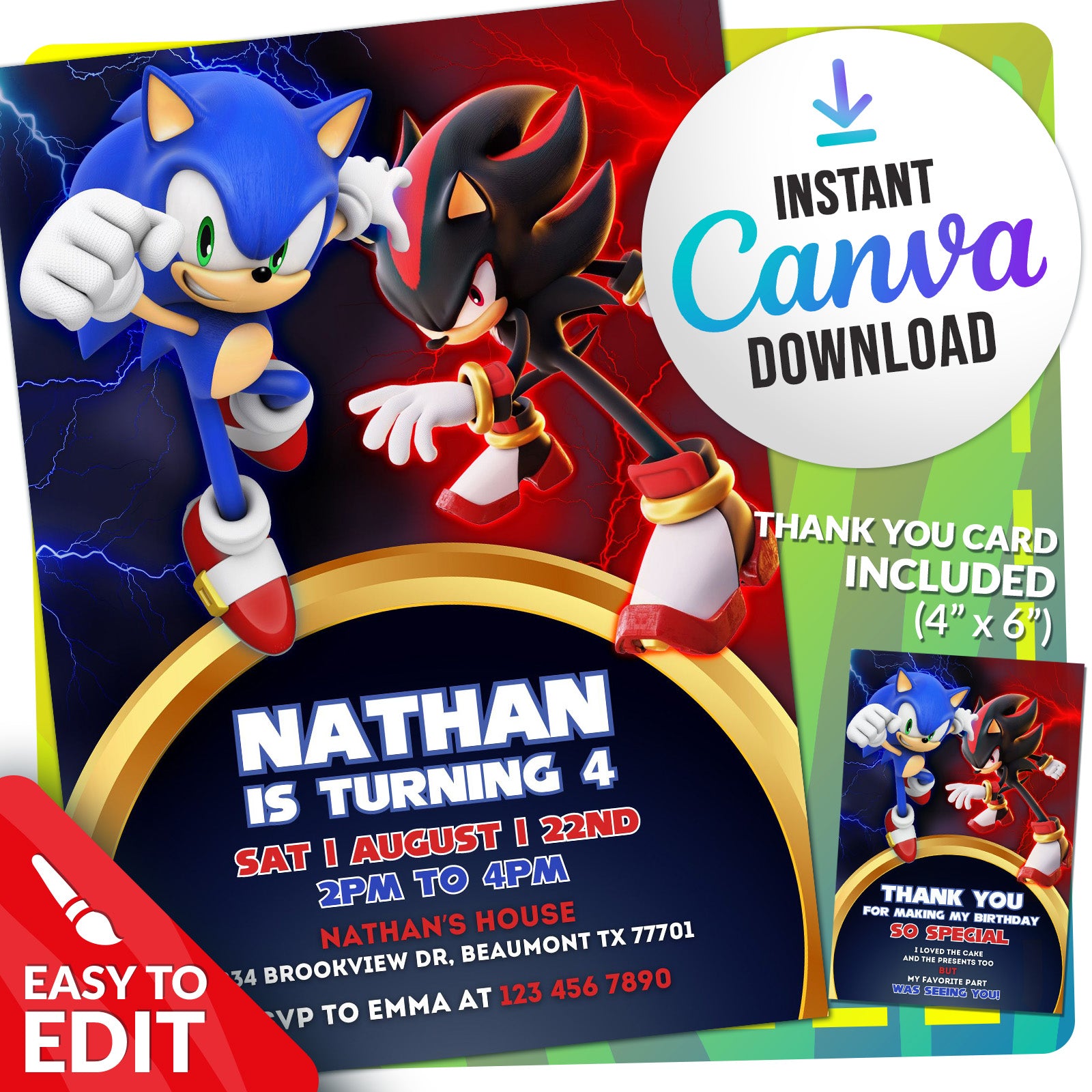 Sonic & Shadow Birthday Invitation | Editable Template