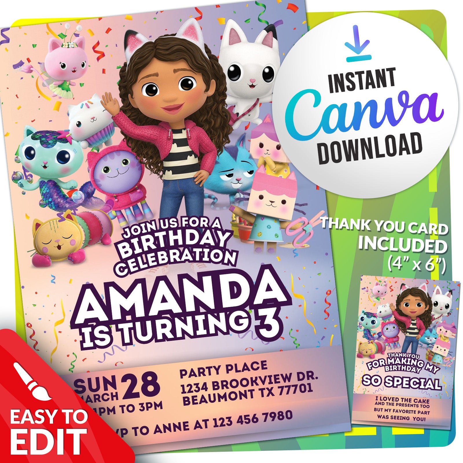 Gabby's Dollhouse Birthday Invitation M2 | Editable Template