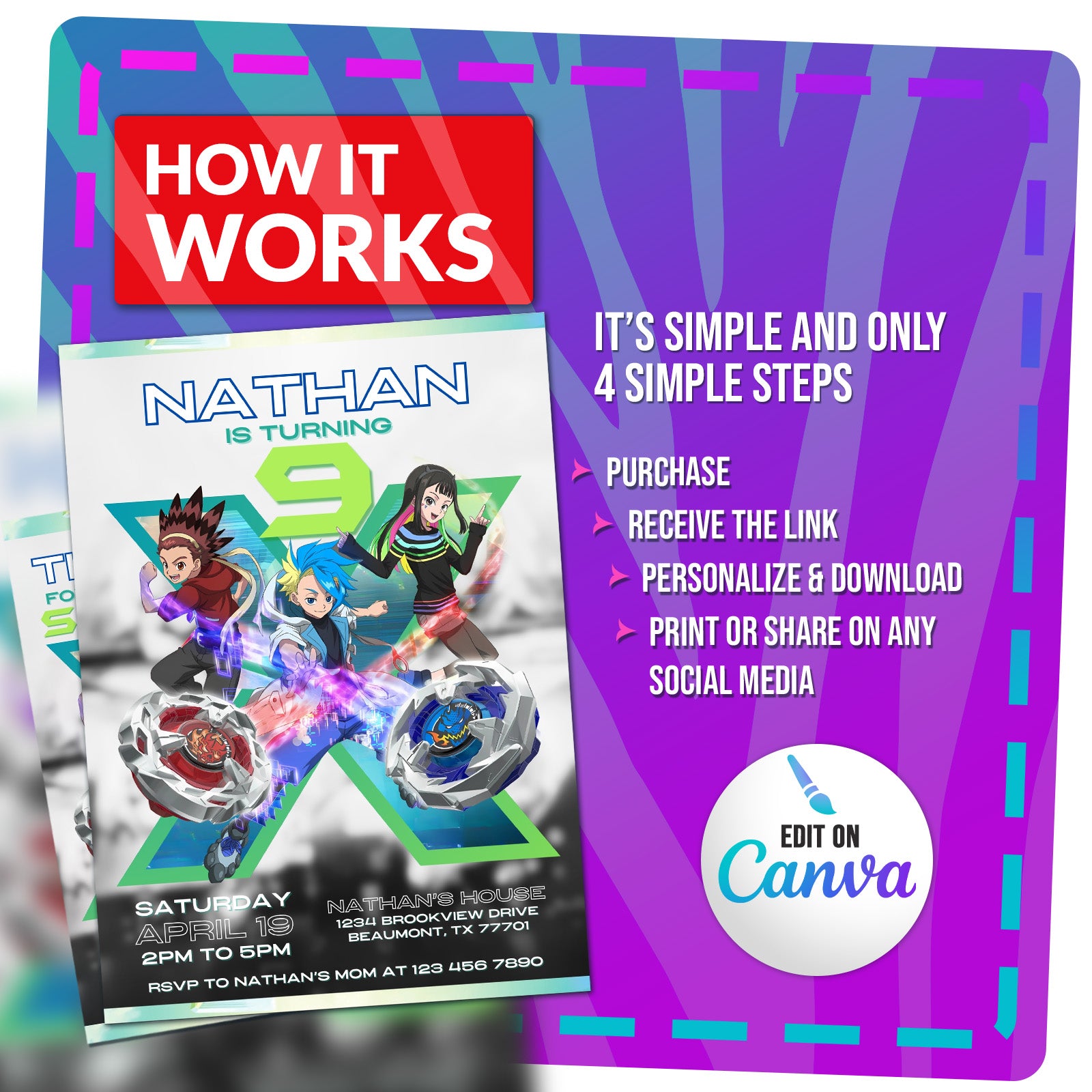 Beyblade X Birthday Invitation | Editable Template
