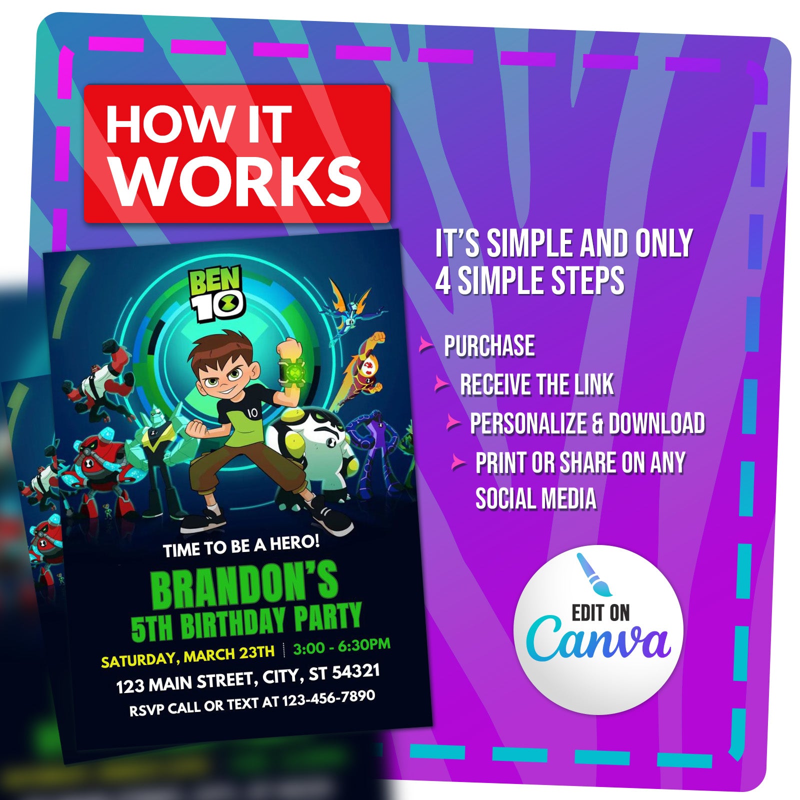 Ben 10 Birthday Invitation | Editable Template