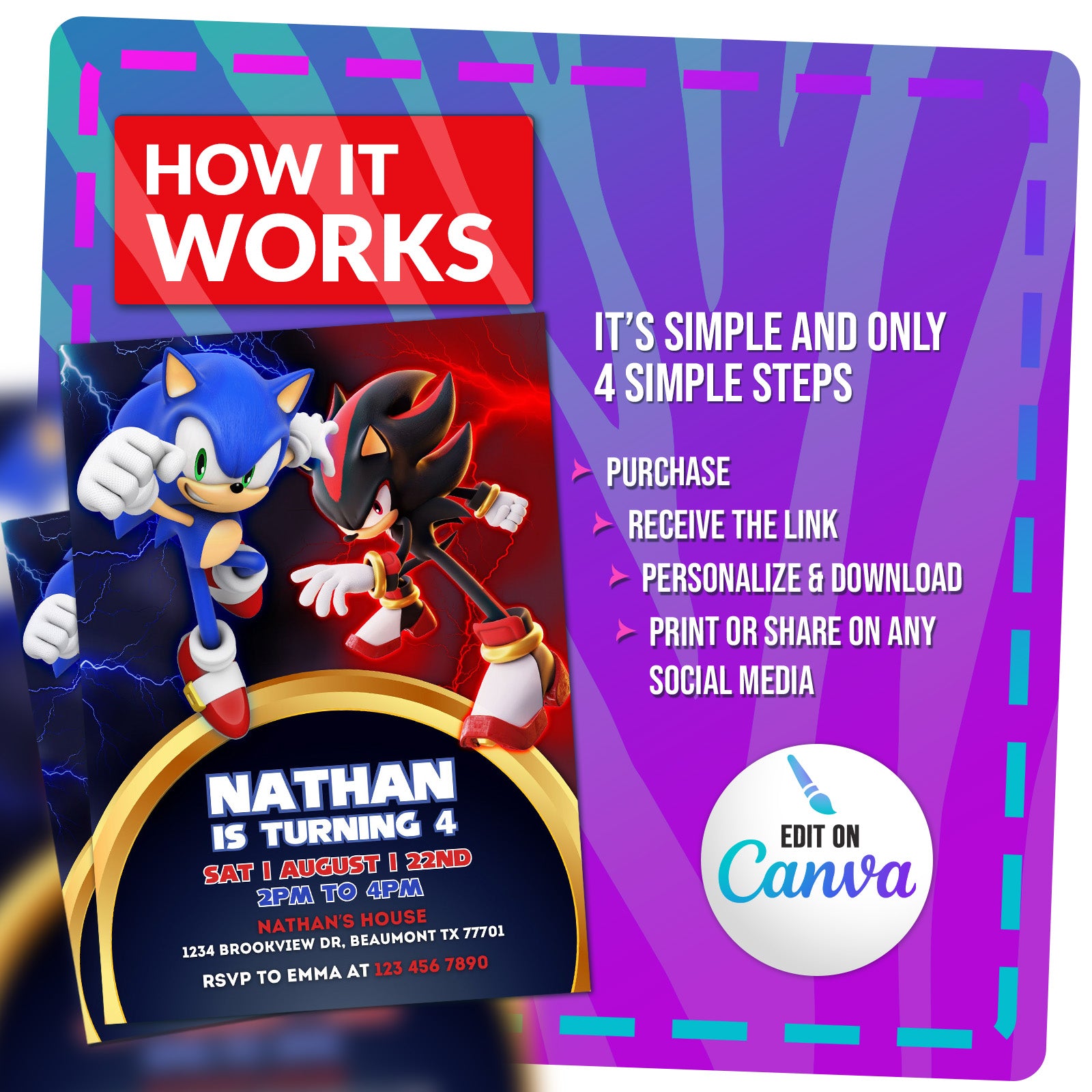Sonic & Shadow Birthday Invitation | Editable Template