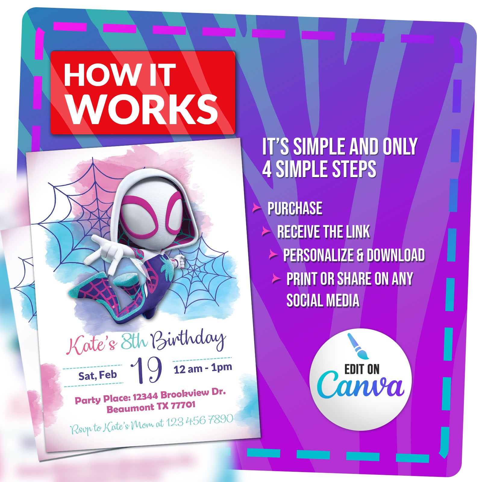 Spider-Gwen Birthday Invitation | Editable Template