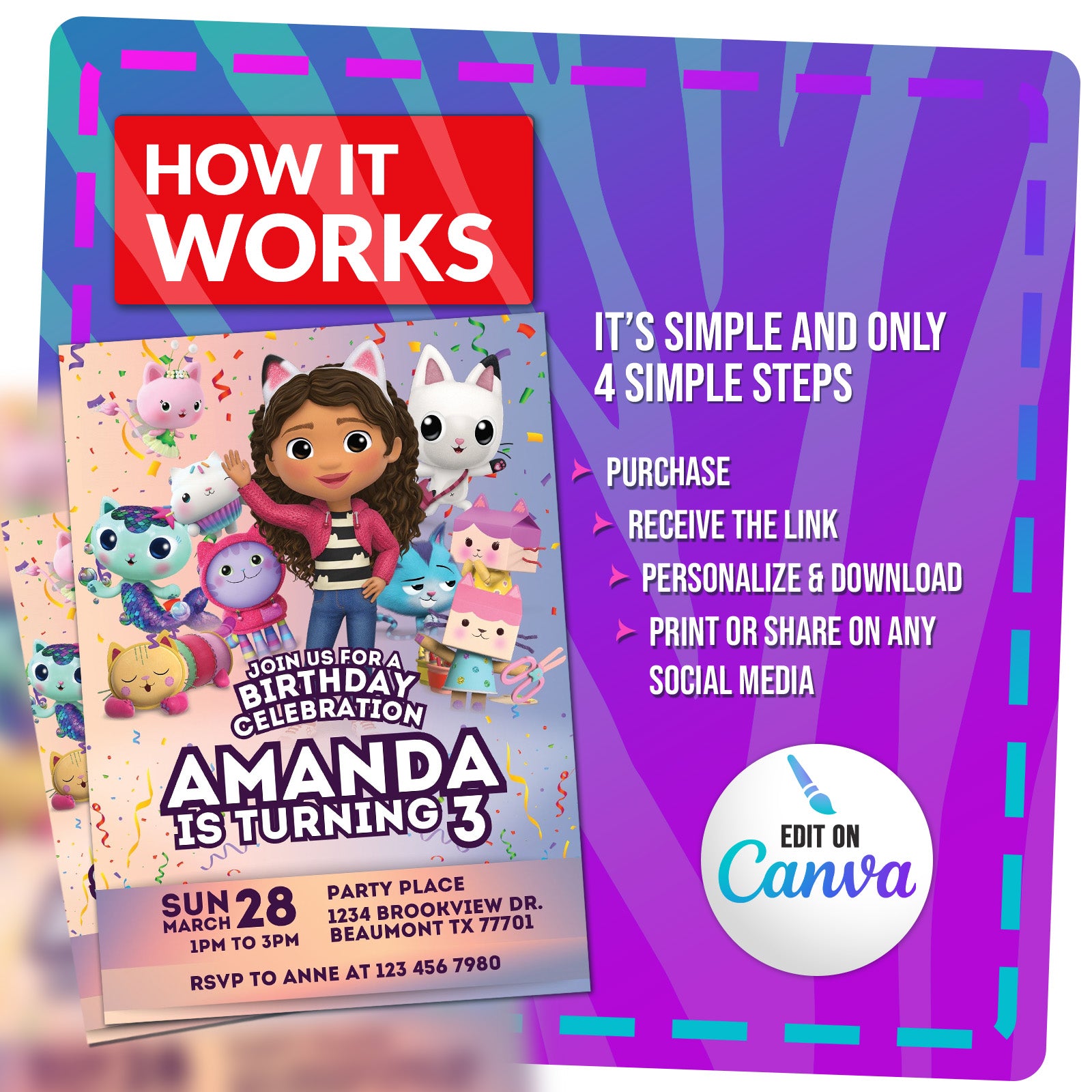 Gabby's Dollhouse Birthday Invitation M2 | Editable Template