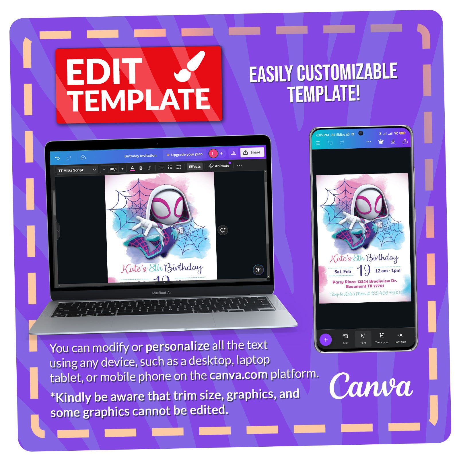 Spider-Gwen Birthday Invitation | Editable Template