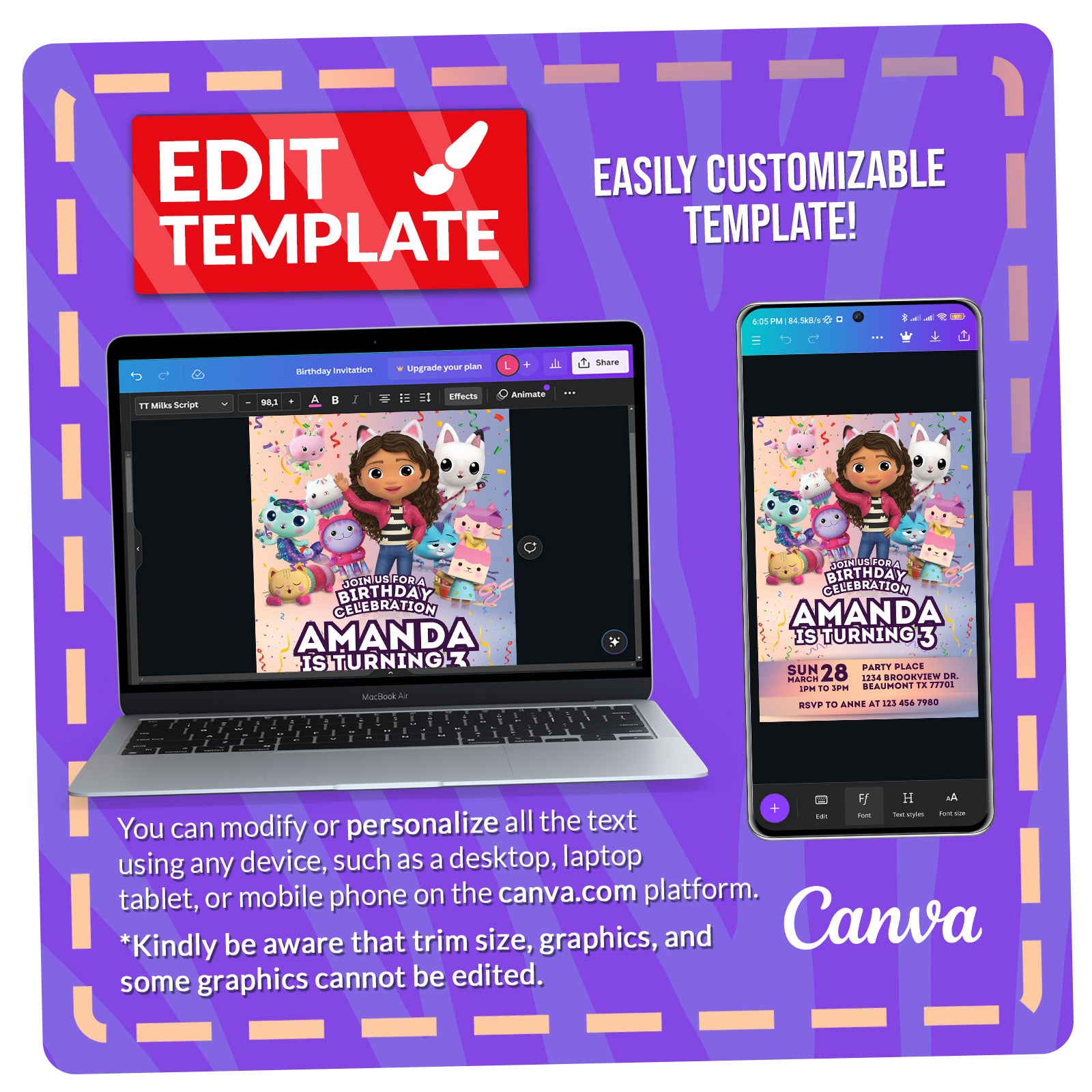 Gabby's Dollhouse Birthday Invitation M2 | Editable Template